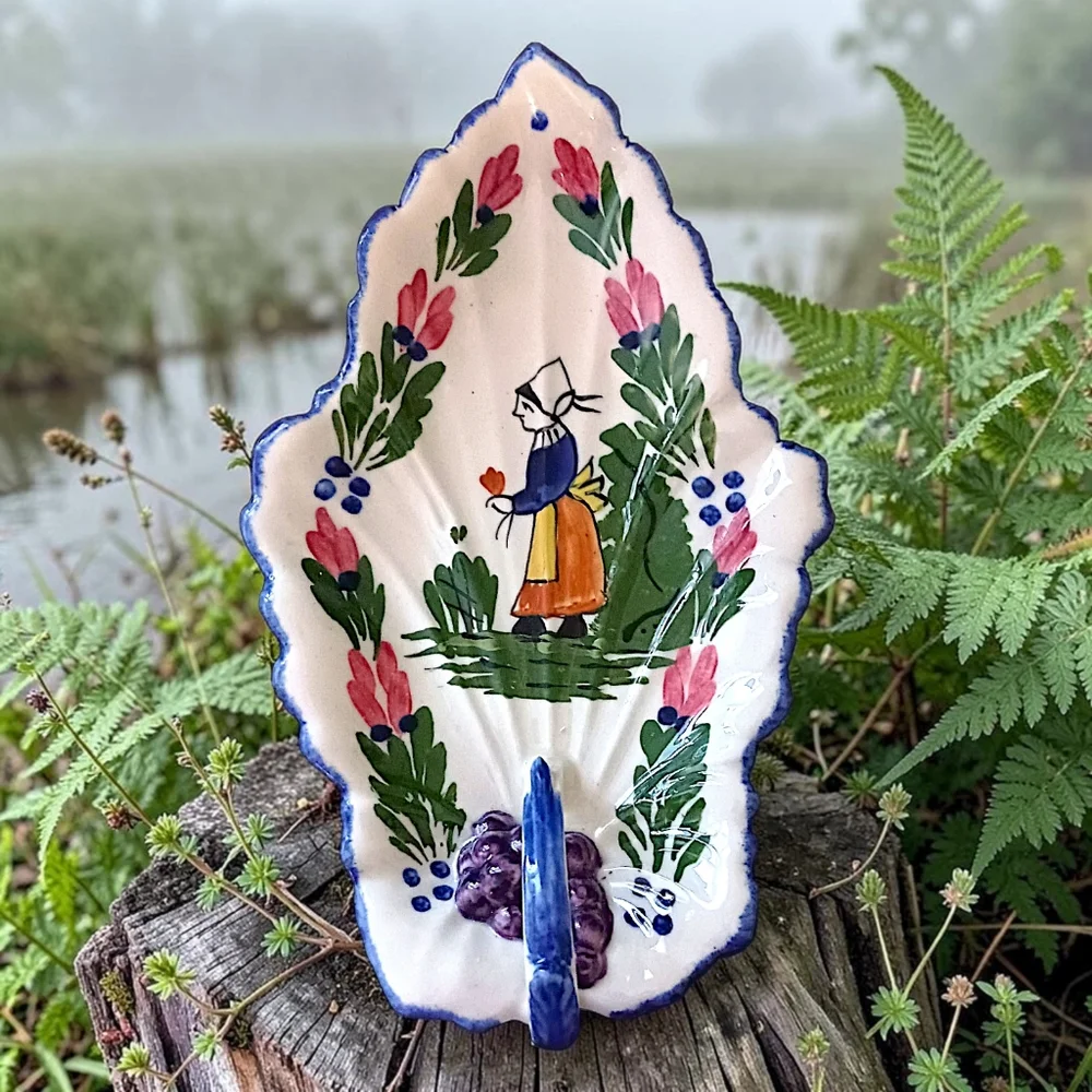Blue Ridge Pottery Handled‎ Leaf Celery Dish Hand Painted Vintage French Peasant